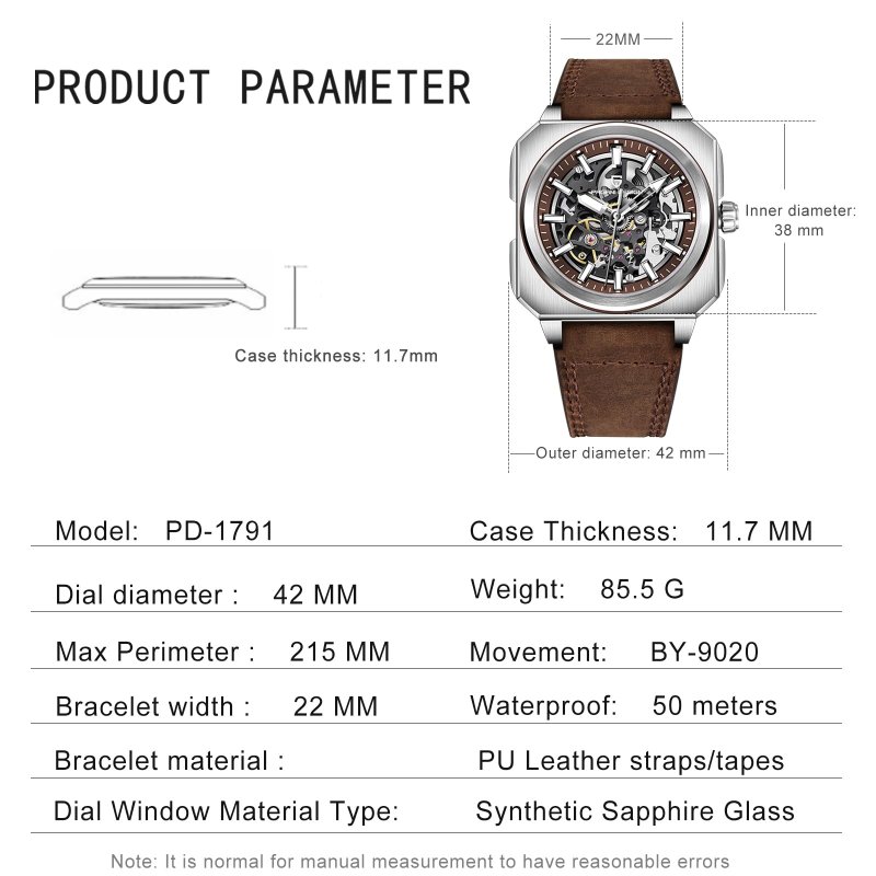 Pagani Design PD-1791 Skeleton - Vierkant Automatisch Herenhorloge – afbeelding 6
