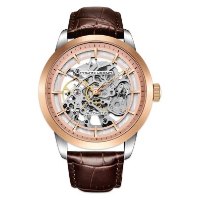 Pagani Design PD-1638 Skeleton Horloge - Goud & Bruin Leer